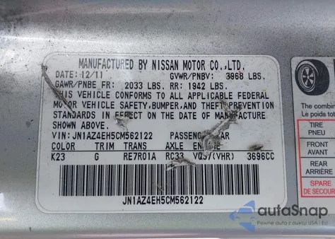 2012 Nissan 370Z Touring z USA, uszkodzony, nr VIN JN1AZ4EH5CM562122